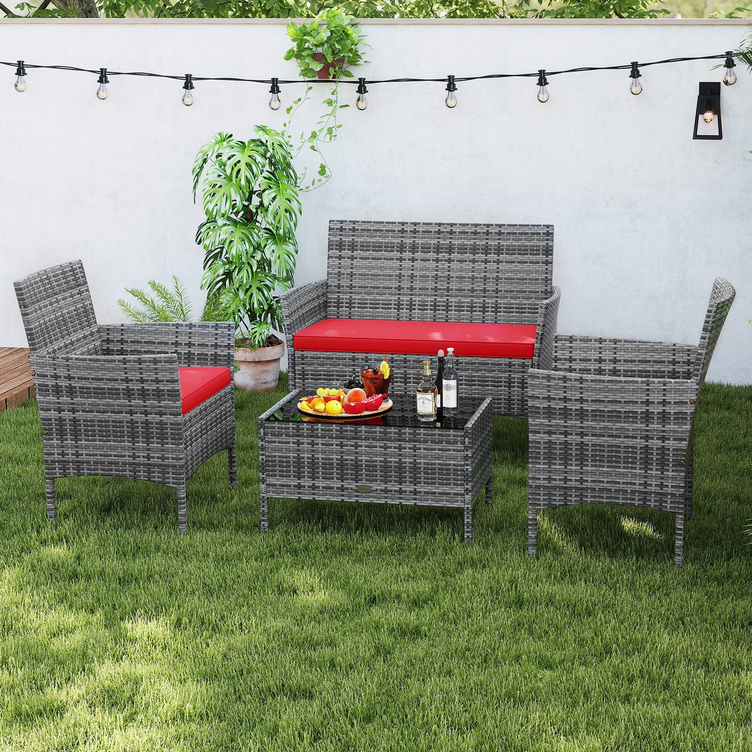 4 Pieces Patio Rattan Conversation Set with Tempered Glass Coffee Table