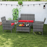 4 Pieces Patio Rattan Conversation Set with Tempered Glass Coffee Table