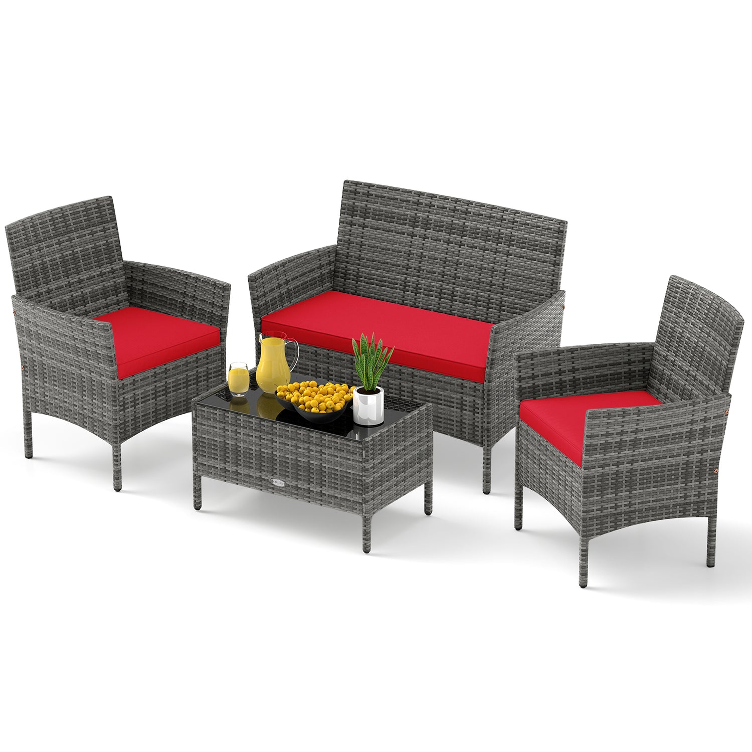 4 Pieces Patio Rattan Conversation Set with Tempered Glass Coffee Table