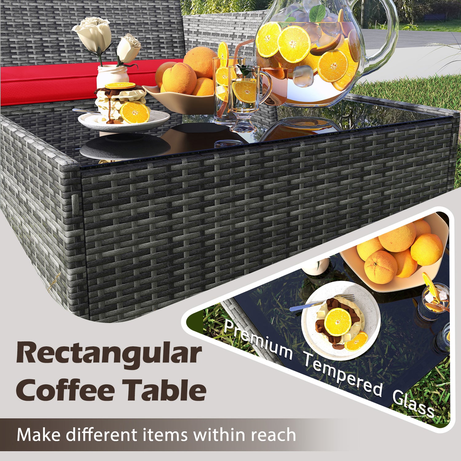 4 Pieces Patio Rattan Conversation Set with Tempered Glass Coffee Table
