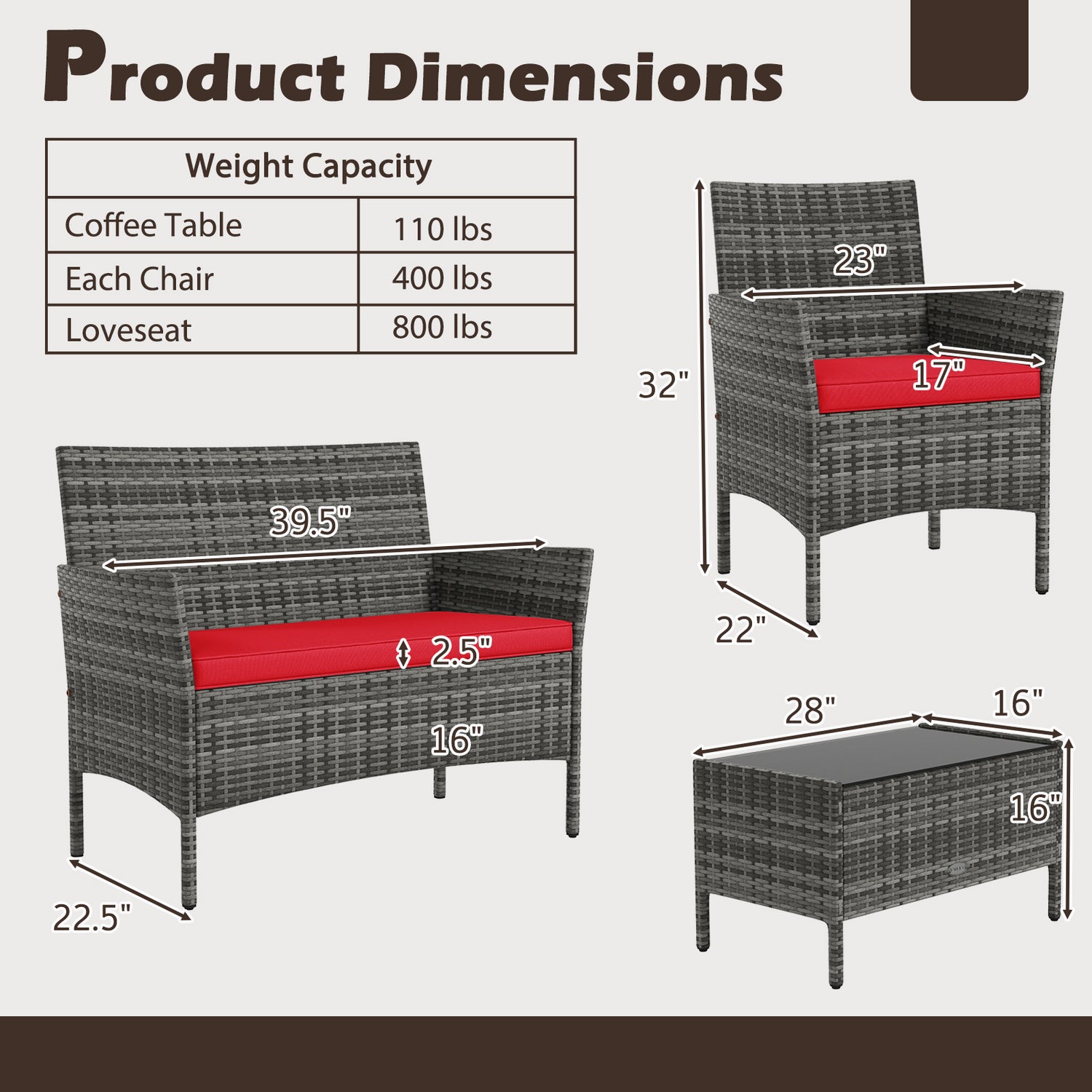 4 Pieces Patio Rattan Conversation Set with Tempered Glass Coffee Table