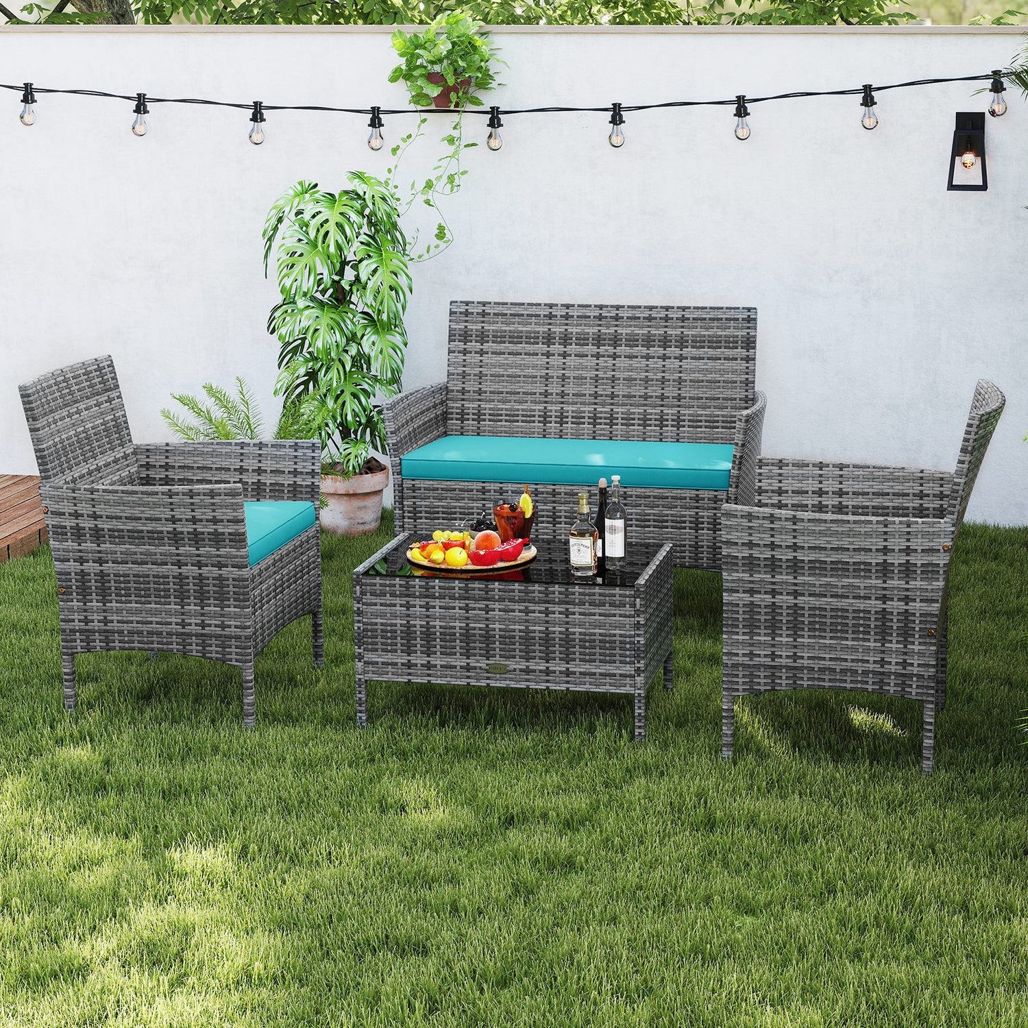 4 Pieces Patio Rattan Conversation Set with Tempered Glass Coffee Table