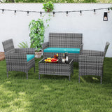4 Pieces Patio Rattan Conversation Set with Tempered Glass Coffee Table