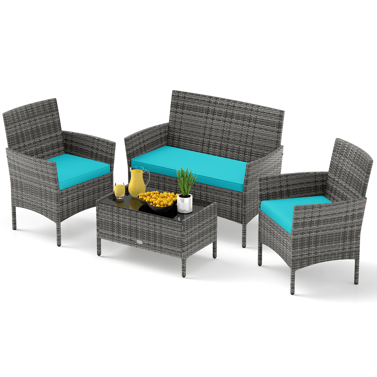 4 Pieces Patio Rattan Conversation Set with Tempered Glass Coffee Table