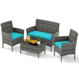 4 Pieces Patio Rattan Conversation Set with Tempered Glass Coffee Table