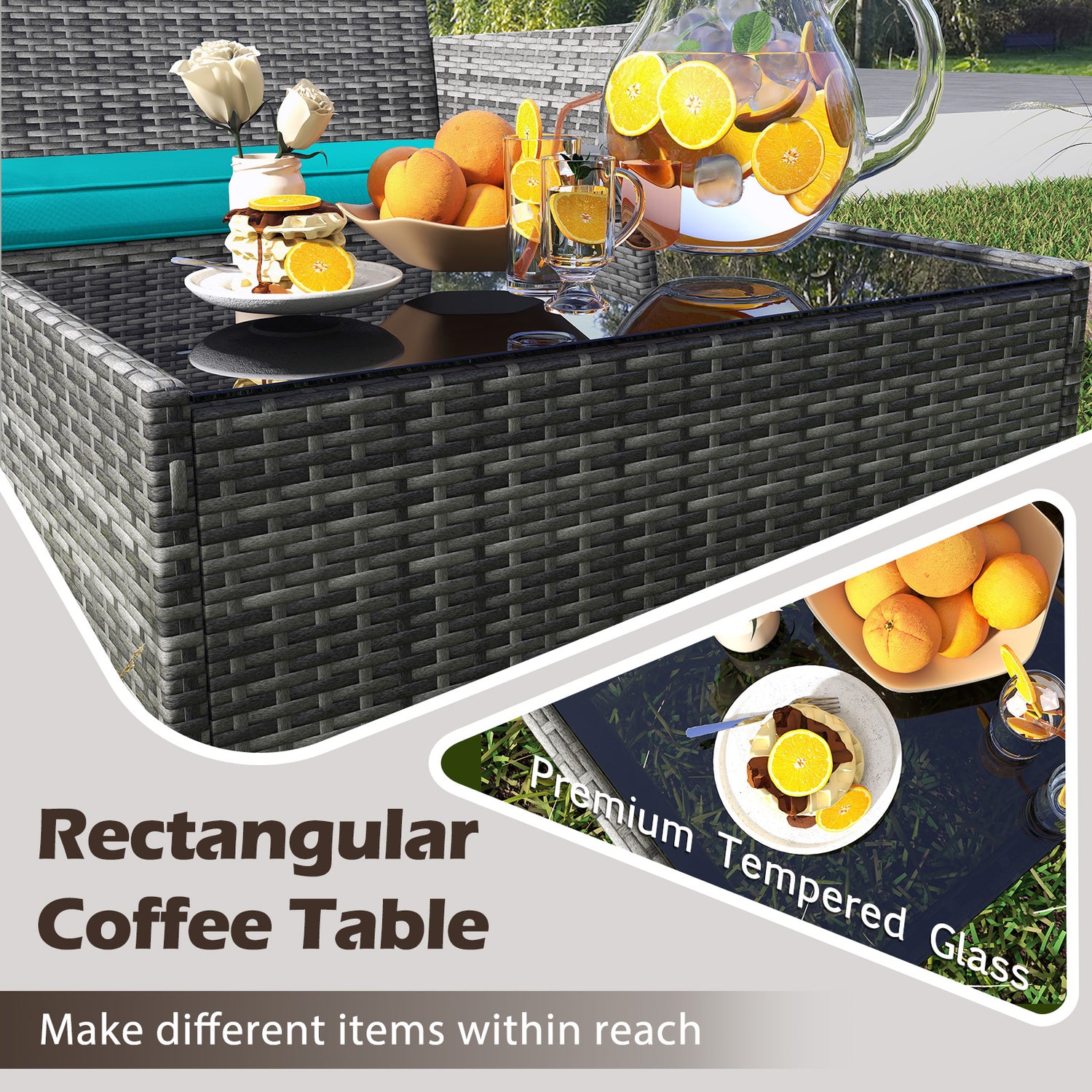 4 Pieces Patio Rattan Conversation Set with Tempered Glass Coffee Table