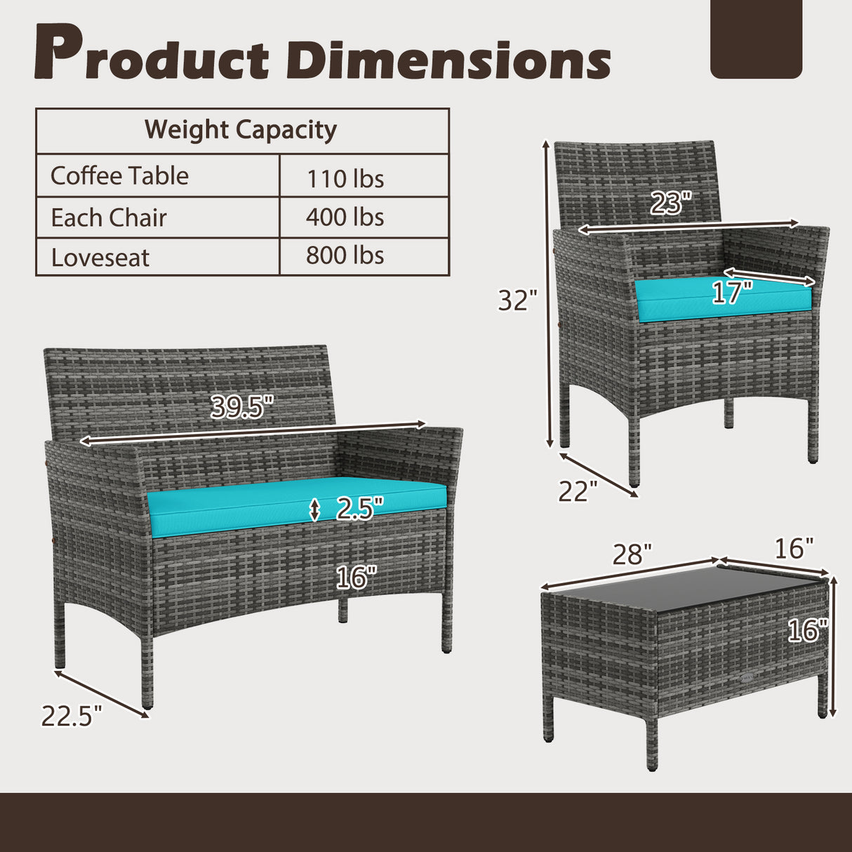 4 Pieces Patio Rattan Conversation Set with Tempered Glass Coffee Table