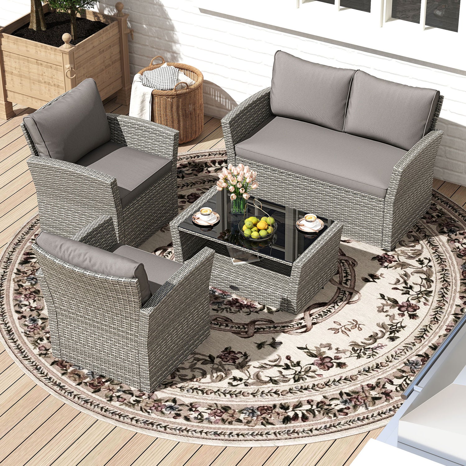 4 Pieces Patio Rattan Furniture Set Sofa Table with Storage Shelf Cushion