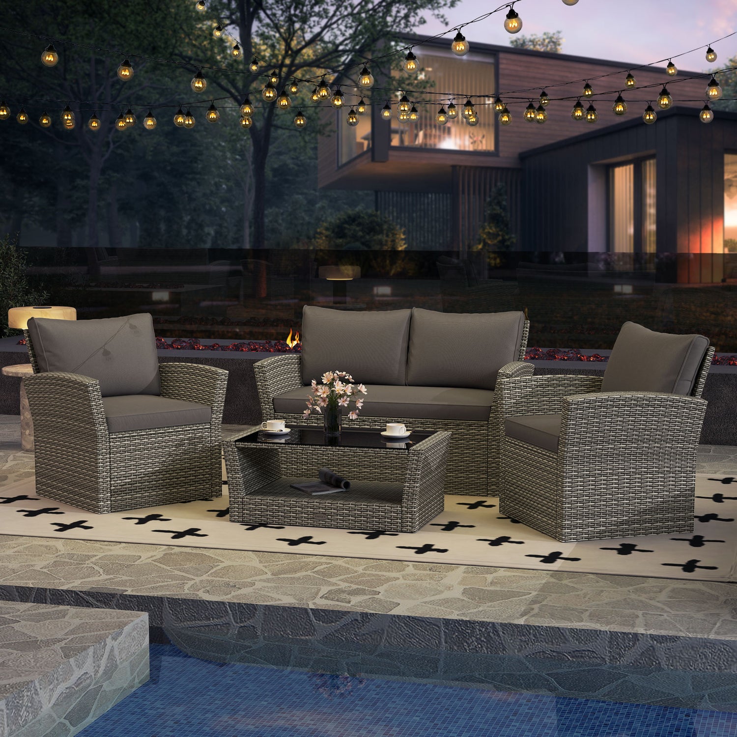 4 Pieces Patio Rattan Furniture Set Sofa Table with Storage Shelf Cushion