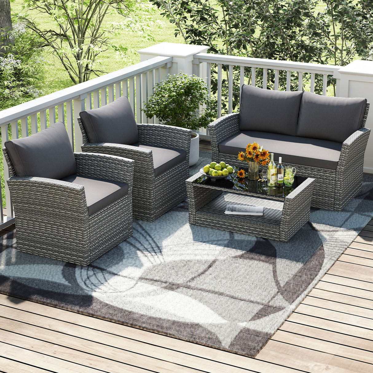 4 Pieces Patio Rattan Furniture Set Sofa Table with Storage Shelf Cushion
