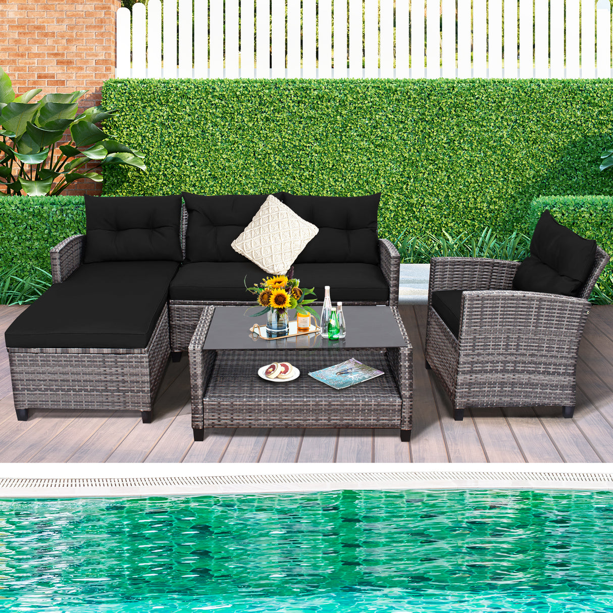 4 Pieces Patio Rattan Furniture Set with Cushion and Table Shelf