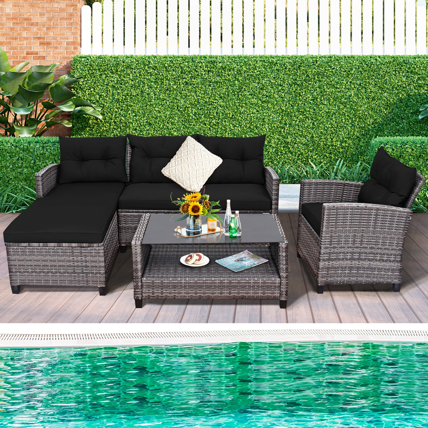 4 Pieces Patio Rattan Furniture Set with Cushion and Table Shelf