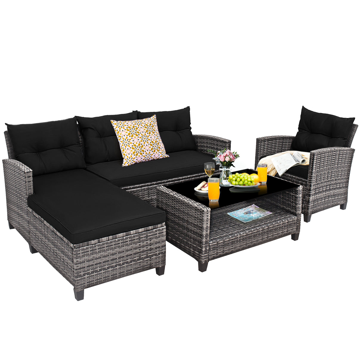 4 Pieces Patio Rattan Furniture Set with Cushion and Table Shelf