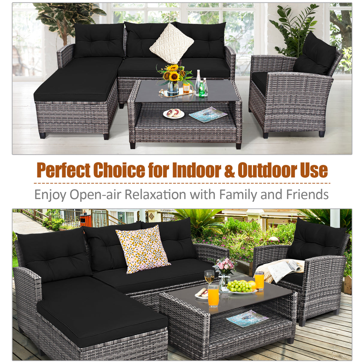 4 Pieces Patio Rattan Furniture Set with Cushion and Table Shelf