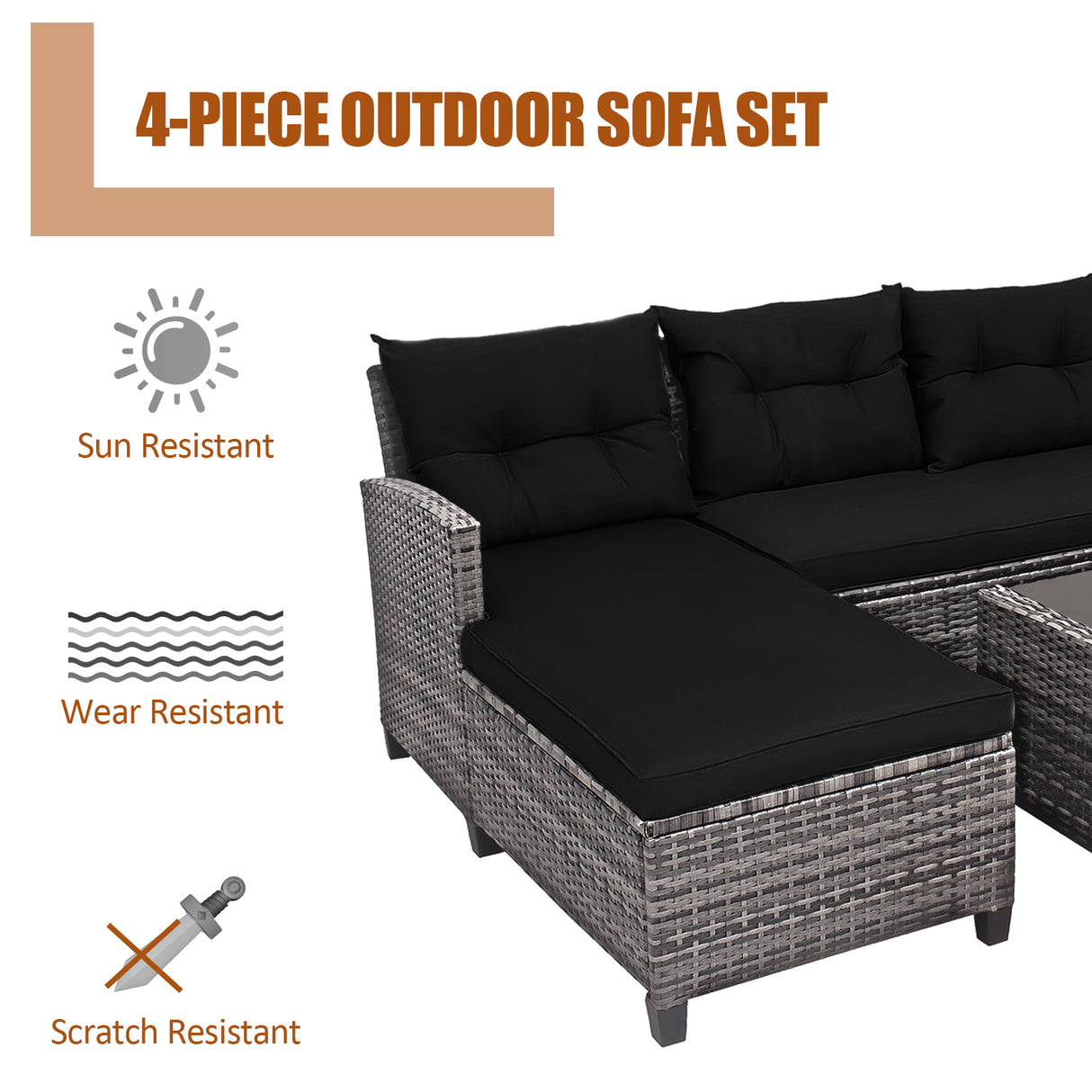 4 Pieces Patio Rattan Furniture Set with Cushion and Table Shelf