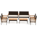 4 Pieces Wicker Furniture Set with Acacia Wood Tabletop and Armrests for Porch-White