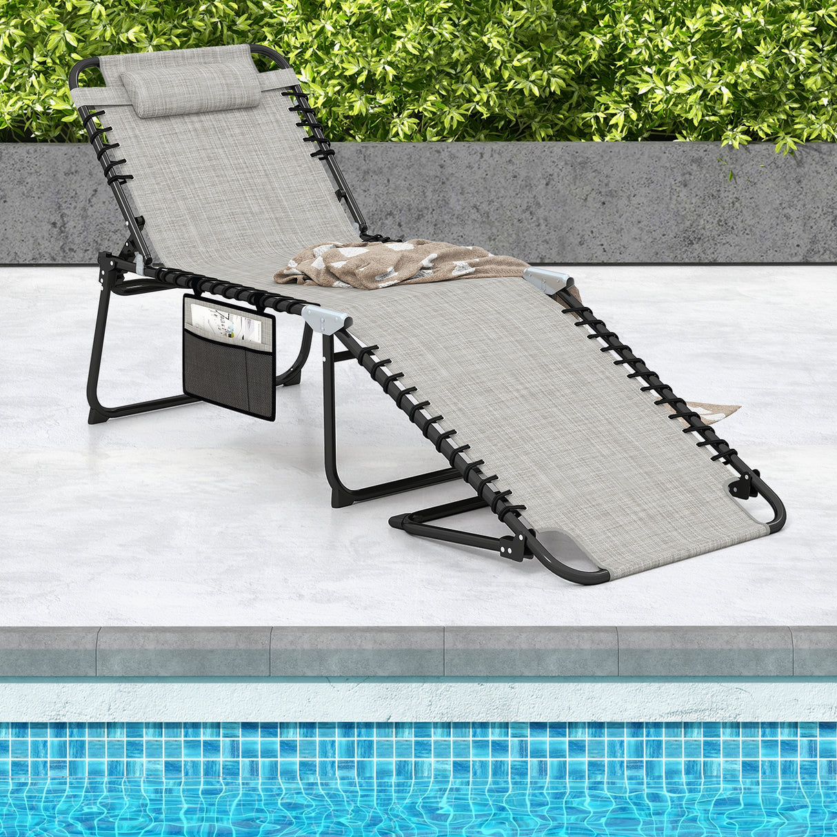 4 Position Folding Lounge Chaise with Adjustable Backrest and Footrest