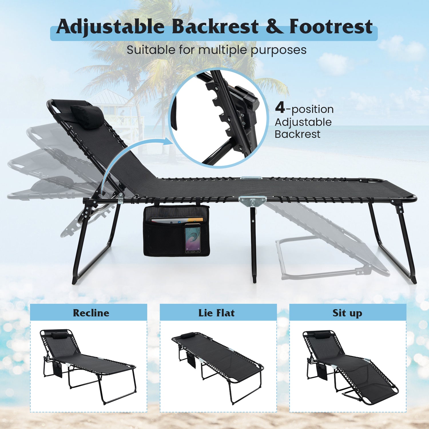 4 Position Folding Lounge Chaise with Adjustable Backrest and Footrest