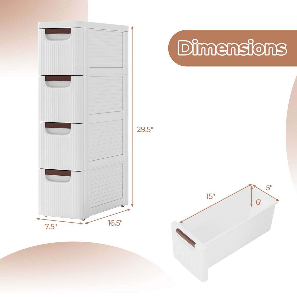 3/4/5/6-Drawer Rolling Organizer Unit Narrow Storage Cabinet with Built-In Wheels for Small Space-3