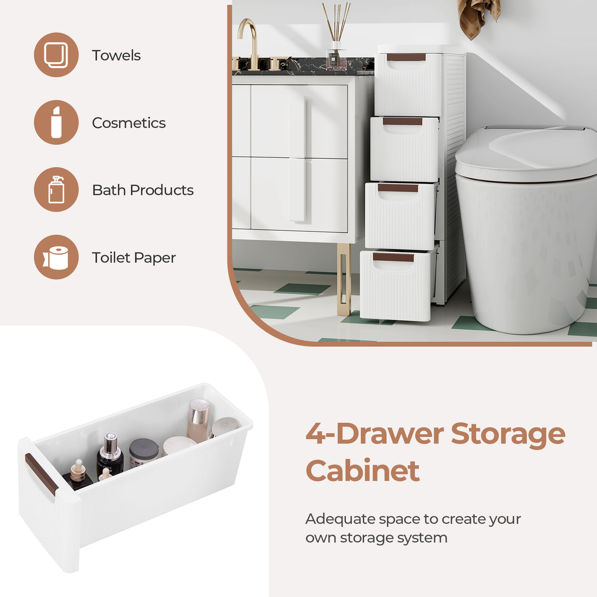 3/4/5/6-Drawer Rolling Organizer Unit Narrow Storage Cabinet with Built-In Wheels for Small Space-3