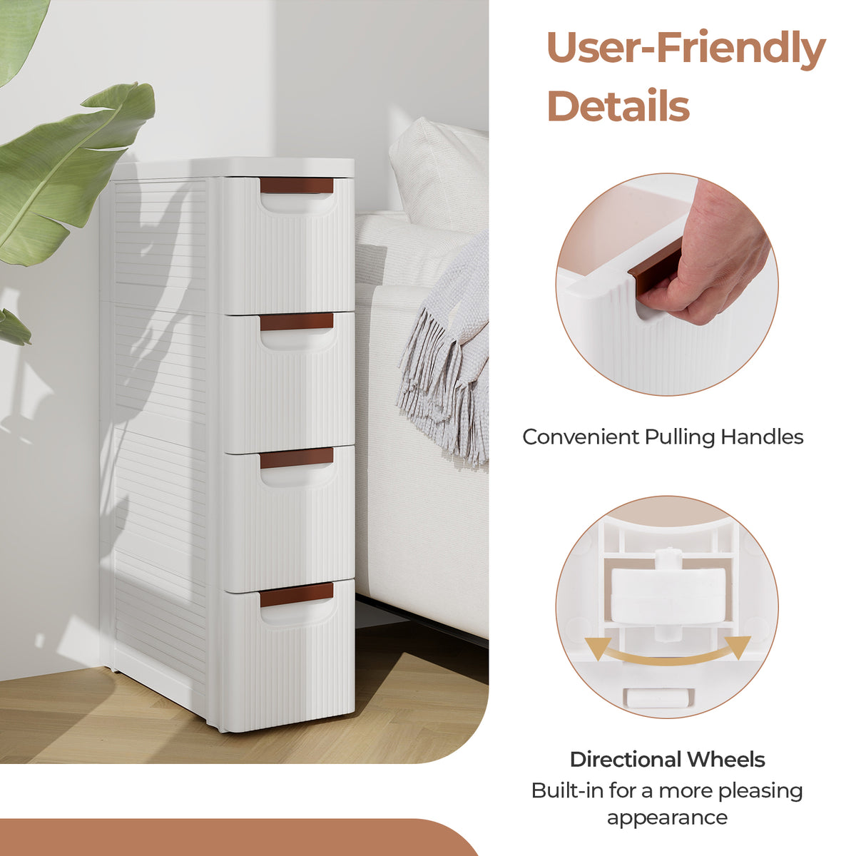 3/4/5/6-Drawer Rolling Organizer Unit Narrow Storage Cabinet with Built-In Wheels for Small Space-3