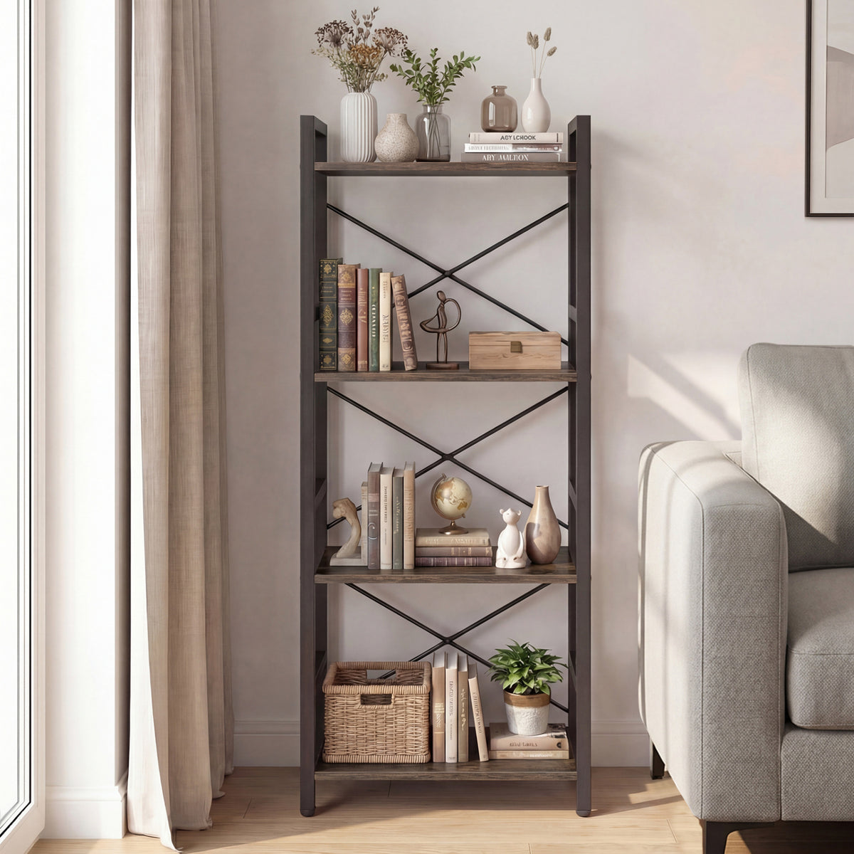 4-Tier Bookshelf Narrow Freestanding Display Shelf with Metal Frame