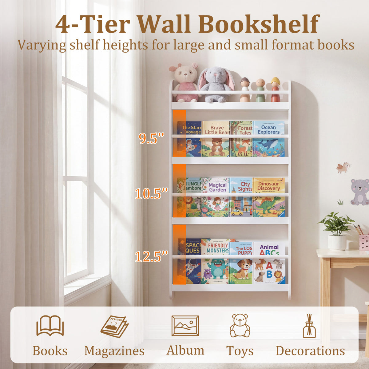4-Tier Bookshelf Organizer for Toys and Books with Basswood Crossbar