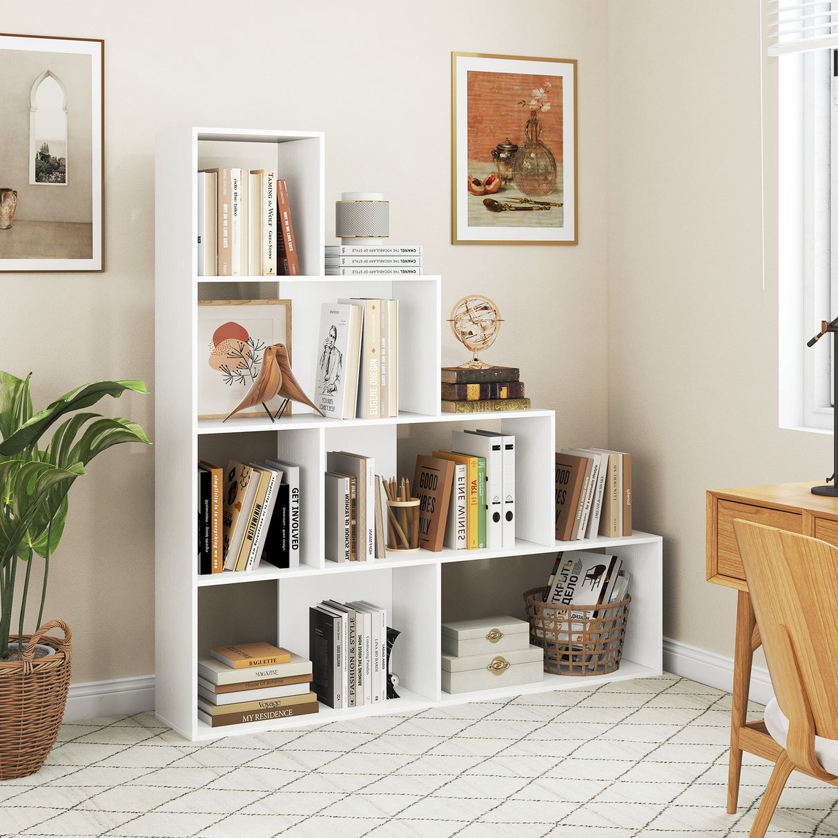 4-Tier Bookshelf Stair Bookcase with 6 Cubes Display Rack