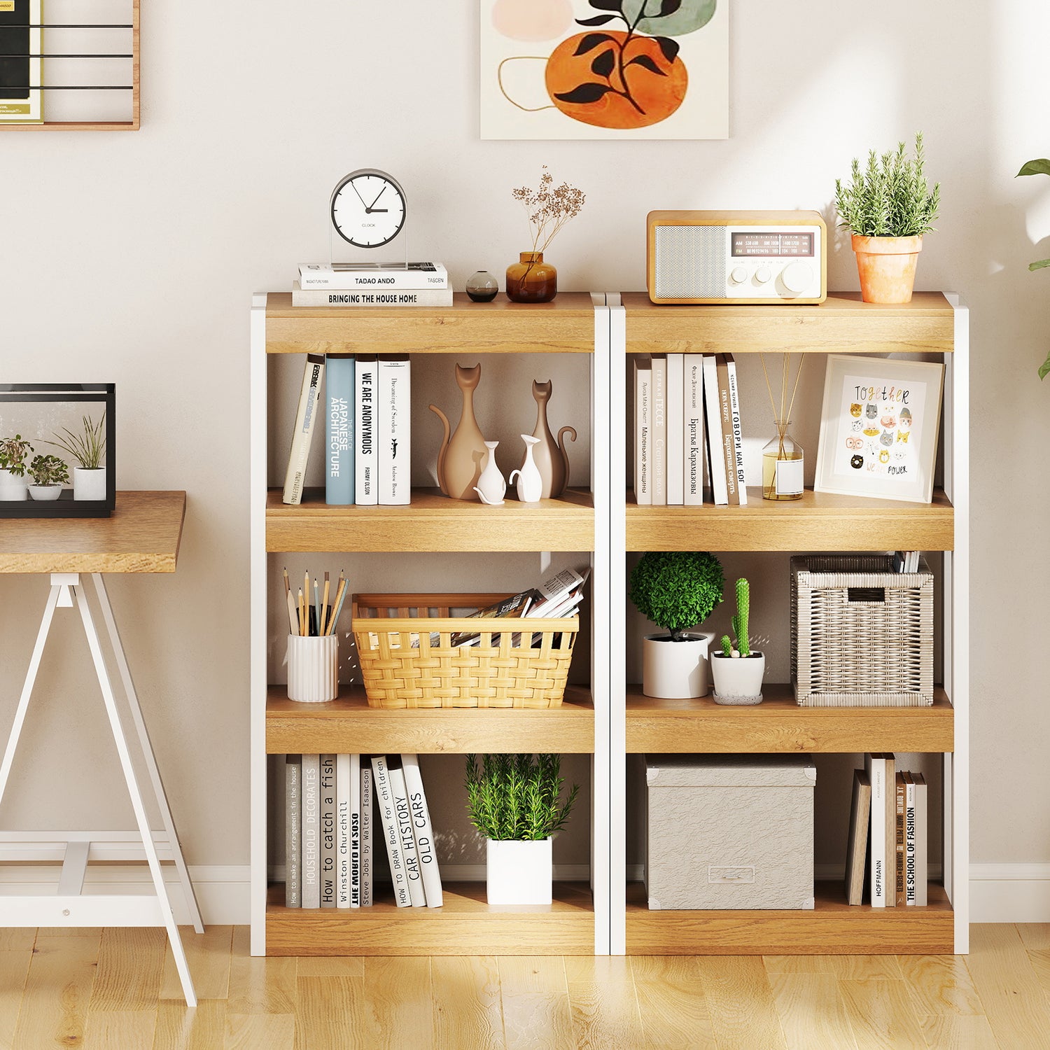 4 Tier Bookshelf Wooden Bookcase with Dual Anti-Tipping Kits