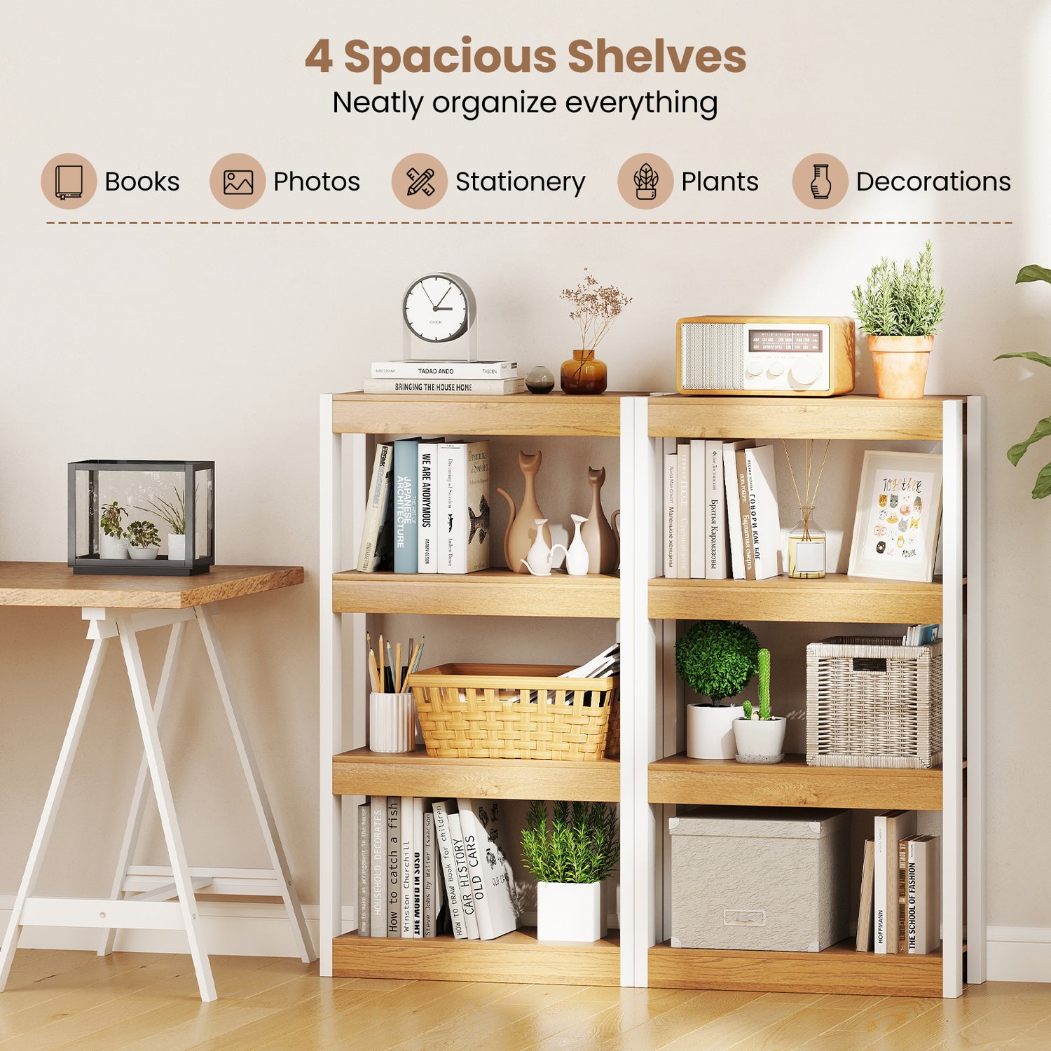 4 Tier Bookshelf Wooden Bookcase with Dual Anti-Tipping Kits