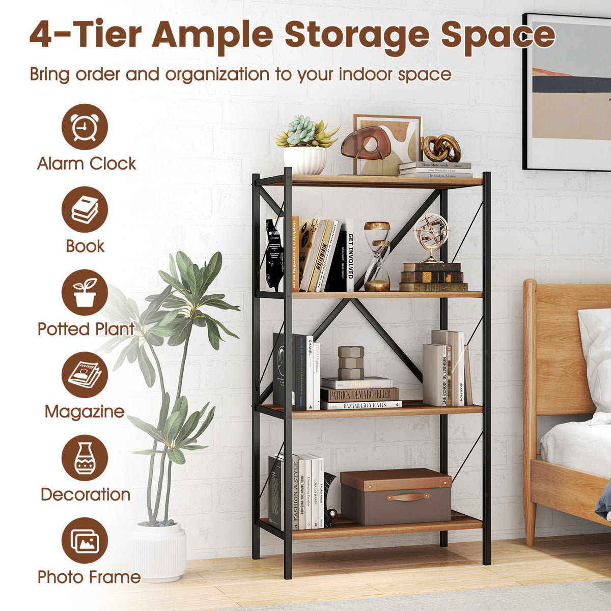4-Tier Bookshelf with Heavy-Duty Metal Frame
