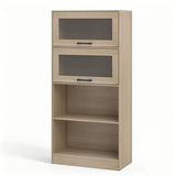 4-Tier Bookshelf with Storage Cabinets and Open Compartments-Natural