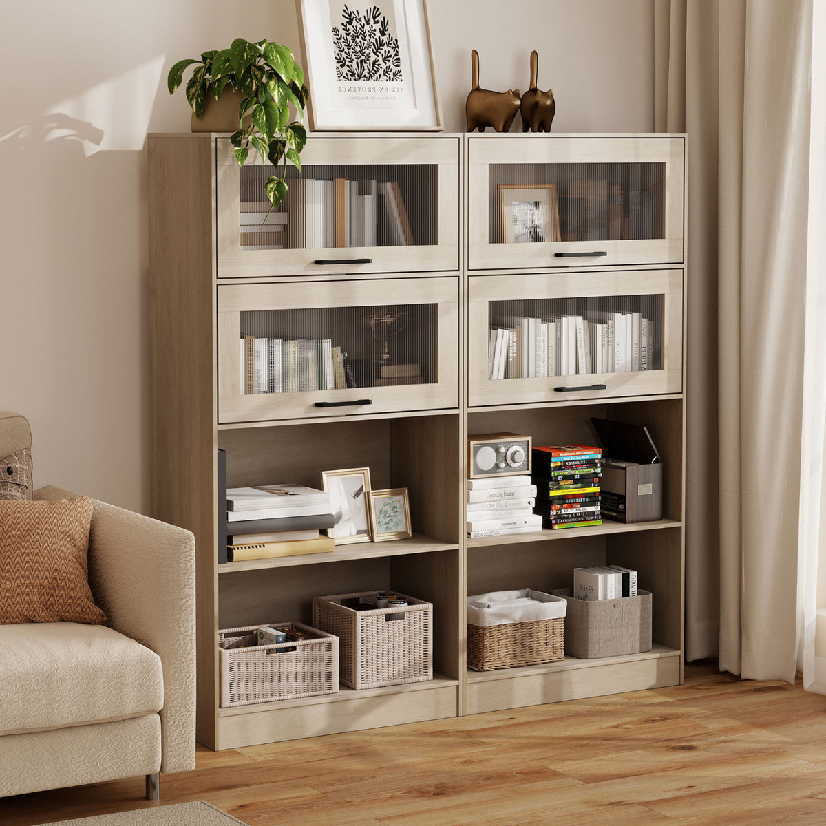 4-Tier Bookshelf with Storage Cabinets and Open Compartments-Natural