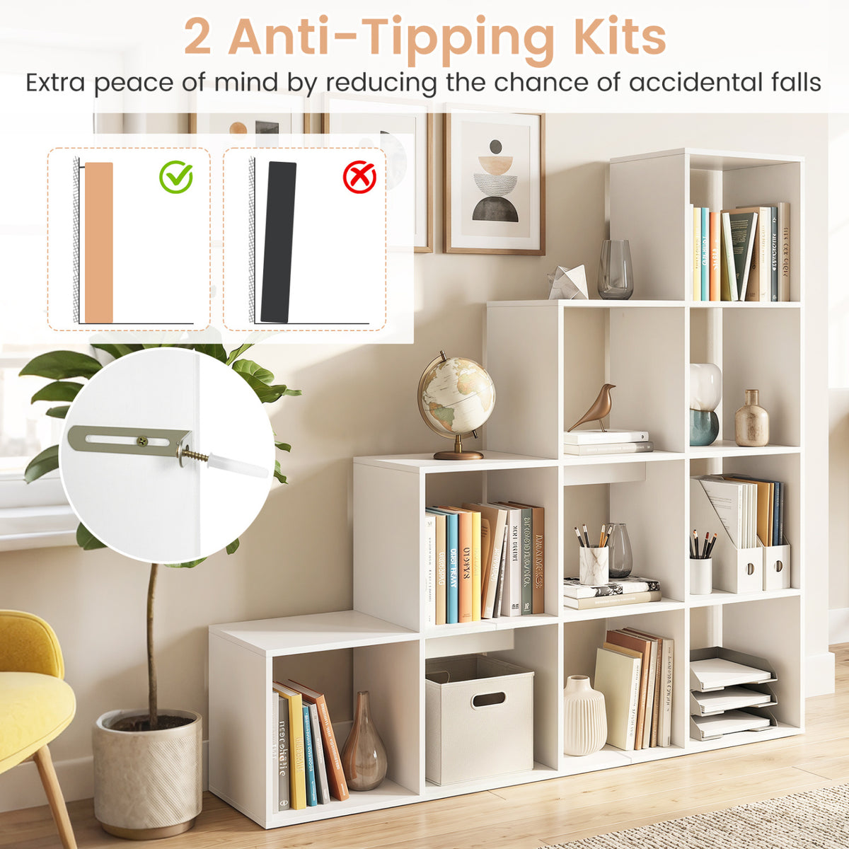 4-Tier Bookshelf with 2 Anti-Tipping Kits for Home Office