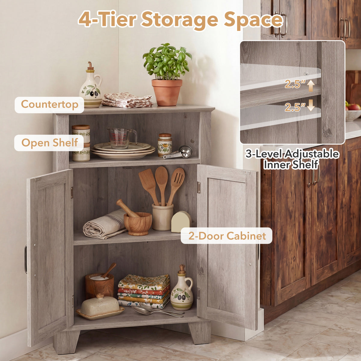 4-Tier Corner Storage Cabinet with Open Shelf