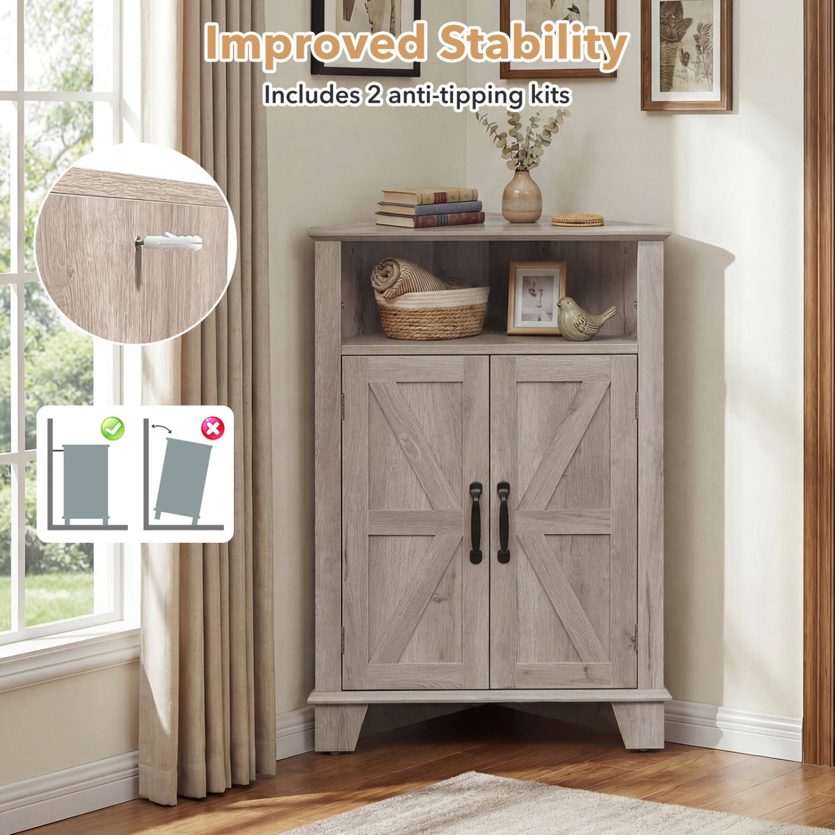 4-Tier Corner Storage Cabinet with Open Shelf