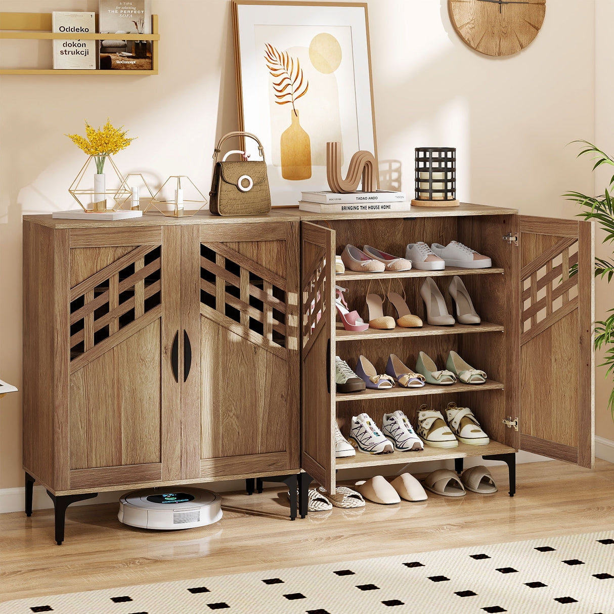 4 Tier Farmhouse Shoe Storage Cabinet with Removable Shelves and Metal Legs