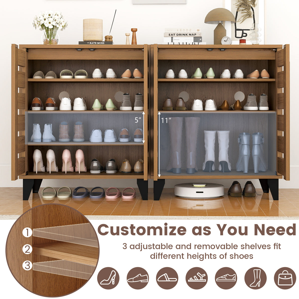 4-Tier Farmhouse Shoe Organizer with Louvered Door