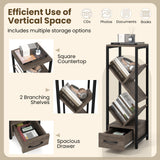 4 Tier Floor Tree Bookshelf with Drawer and Metal Frame-Gray