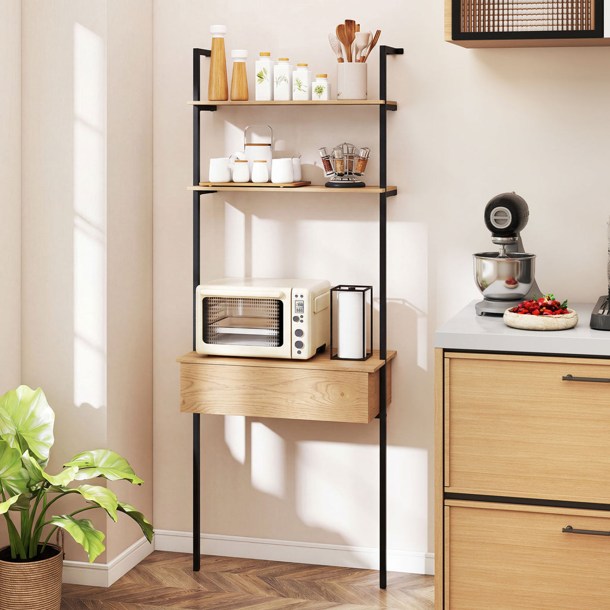 4-Tier Ladder Bookshelf with Drawer and Metal Frame for Living Room
