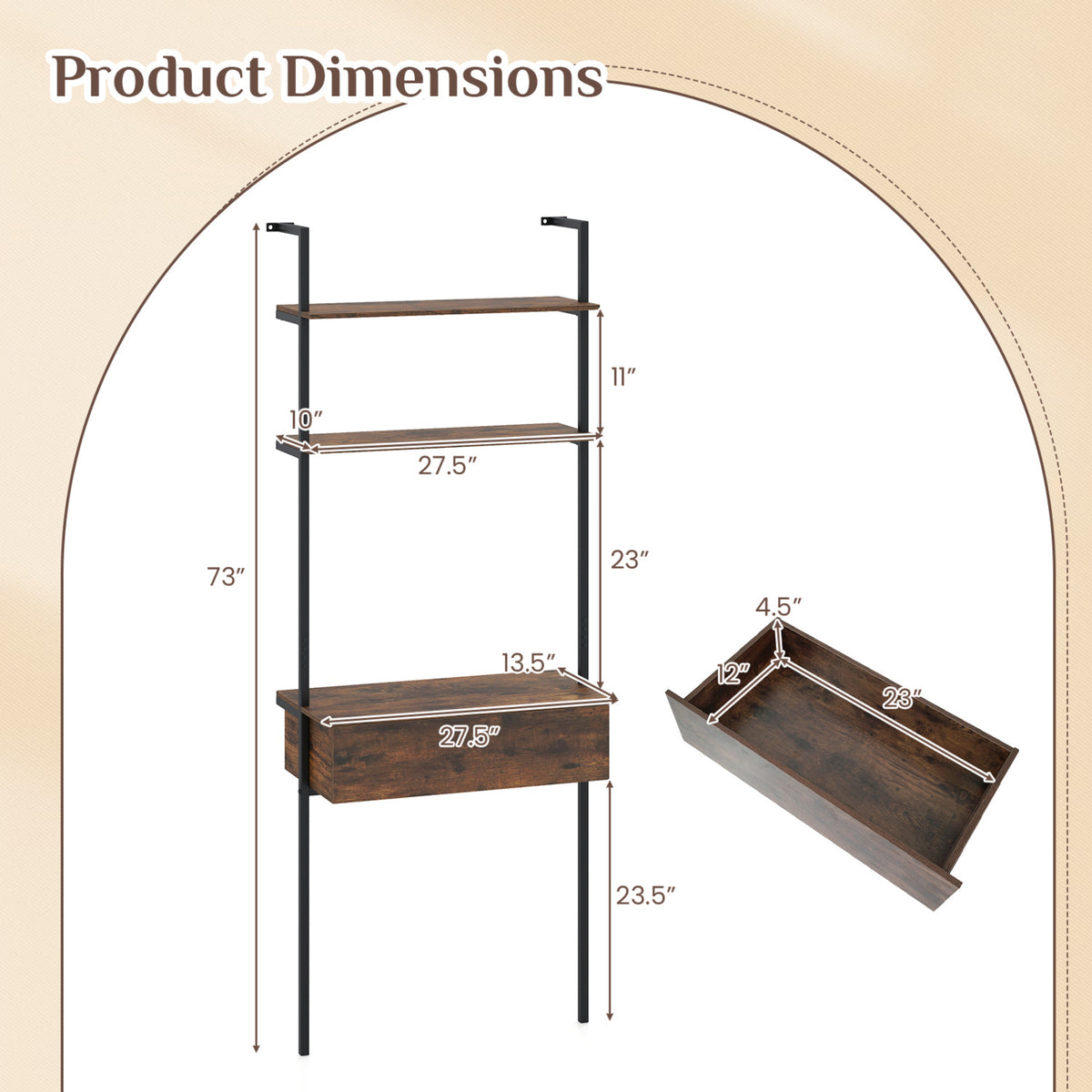 4-Tier Ladder Bookshelf with Drawer and Metal Frame for Living Room