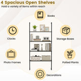4-Tier Ladder Shelf Open Wall Mounted Bookcase with Wooden Boards and Metal Frame-Black