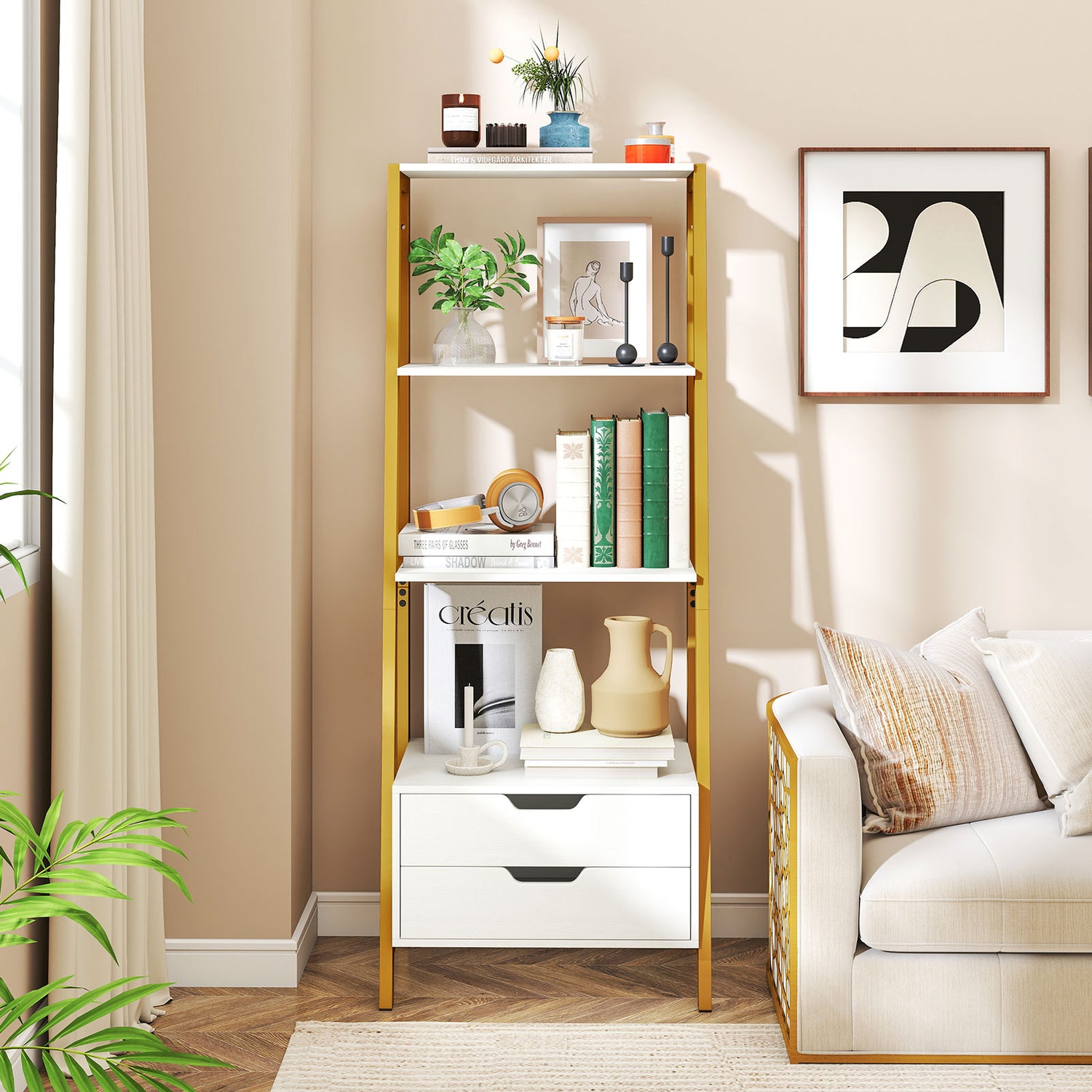 4-Tier Ladder Shelf with 2 Drawers 52.5 Inch Tall Freestanding Bookcase