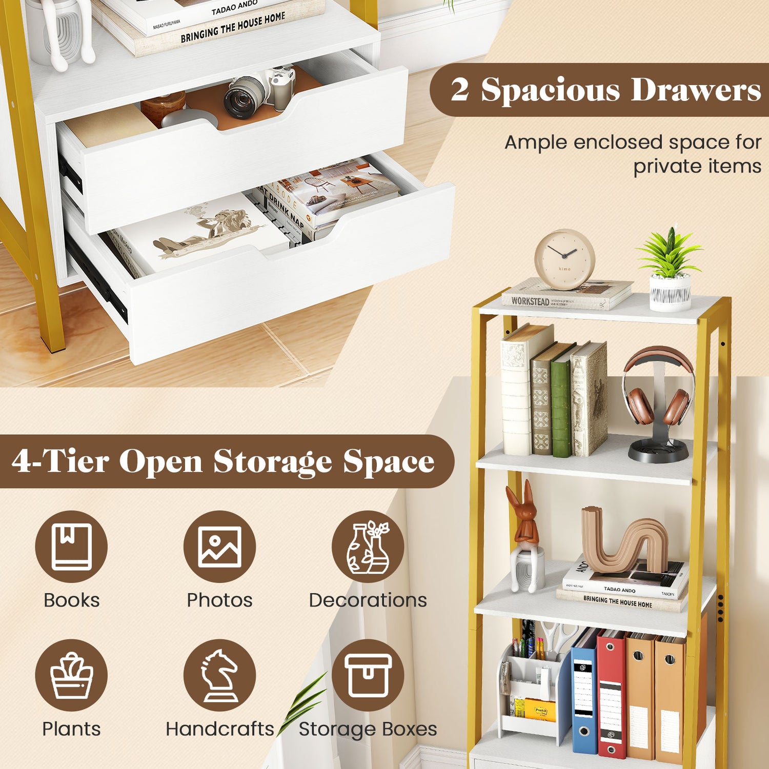 4-Tier Ladder Shelf with 2 Drawers 52.5 Inch Tall Freestanding Bookcase
