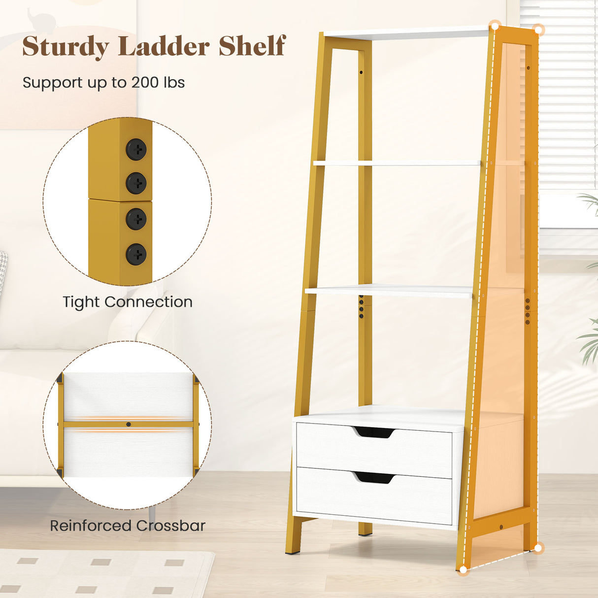 4-Tier Ladder Shelf with 2 Drawers 52.5 Inch Tall Freestanding Bookcase