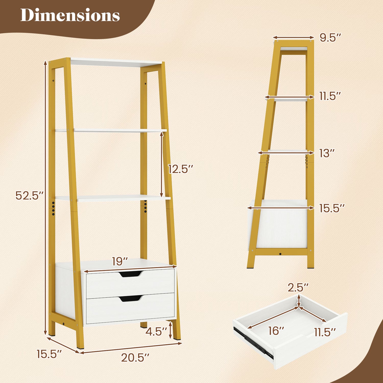 4-Tier Ladder Shelf with 2 Drawers 52.5 Inch Tall Freestanding Bookcase