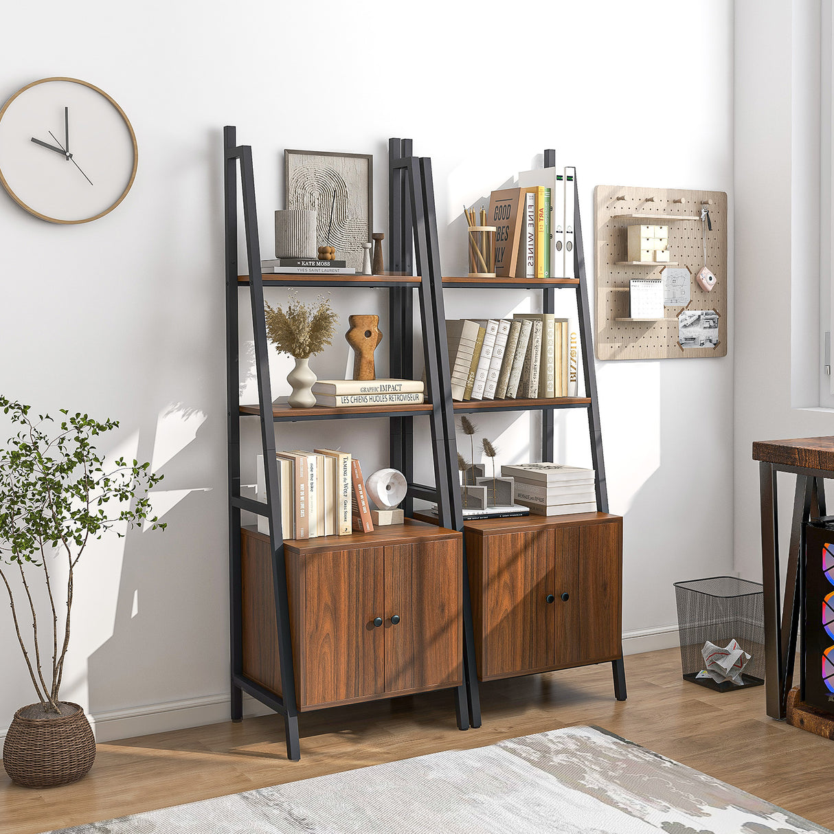 4-Tier Ladder Shelf with Cabinet and Metal Frame-Rustic Brown