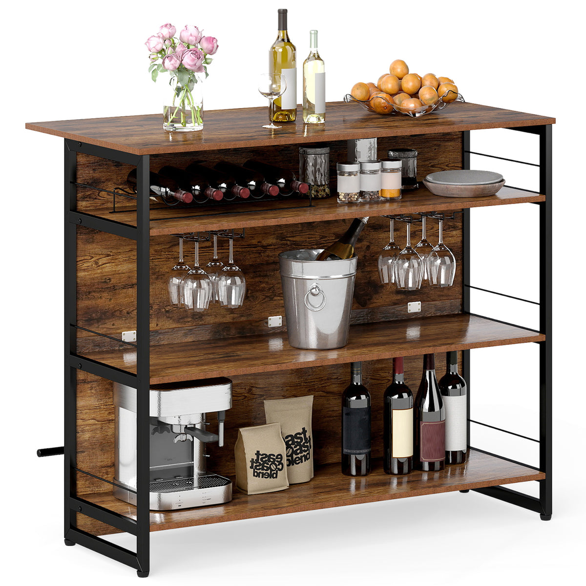 4-Tier Mini Bar Kitchen Island with Footrest and Wine Rack-Coffee