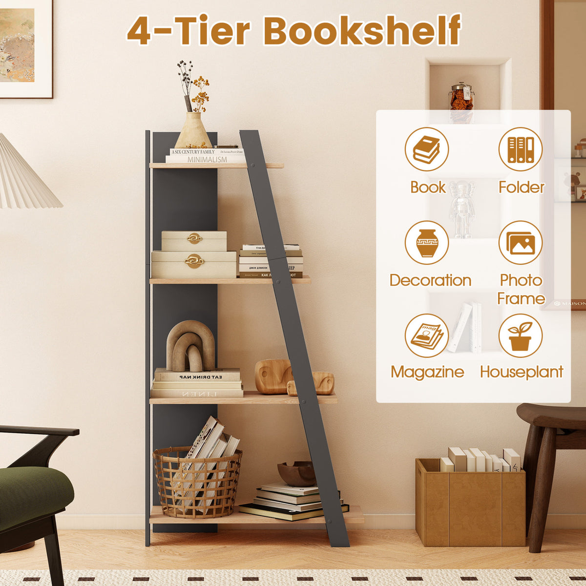 4-Tier Modern Bookshelf Wooden Vertical Display Book Shelf for Small Space