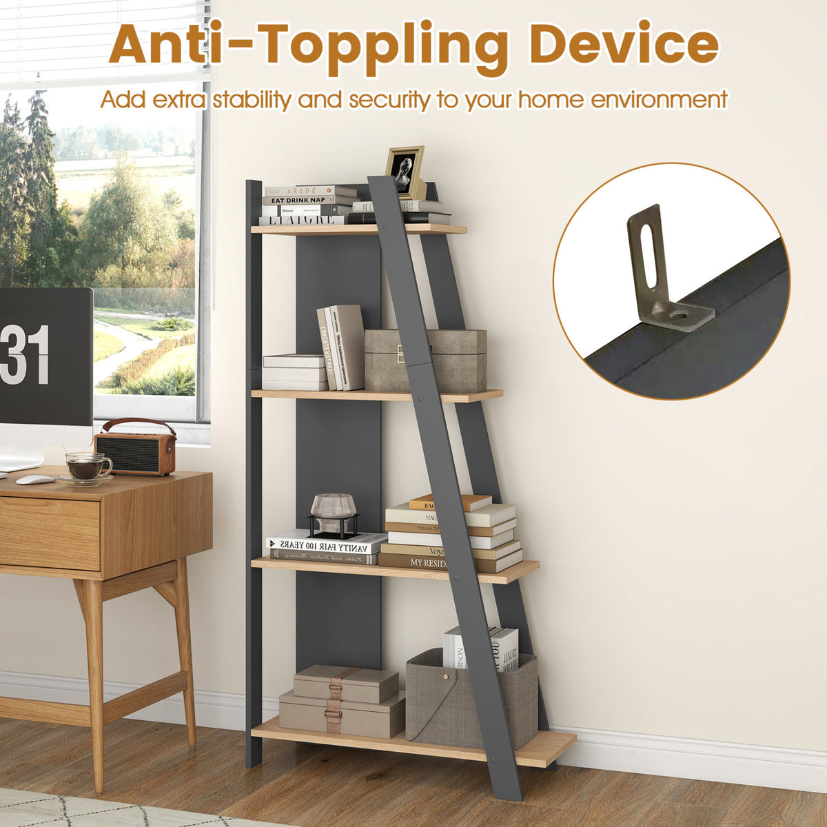 4-Tier Modern Bookshelf Wooden Vertical Display Book Shelf for Small Space
